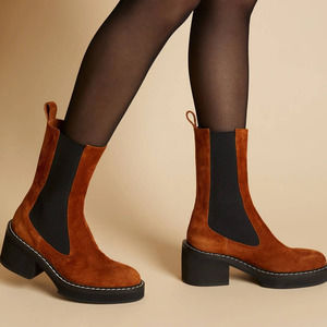 Khaite Tan Brown Suede Calgary Mid-Calf Chelsea Boots